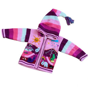 Peruvian Gaupo Knit Sweater Hoodie Cardigan Pink Soft Handmade Alpaca Sz 2
